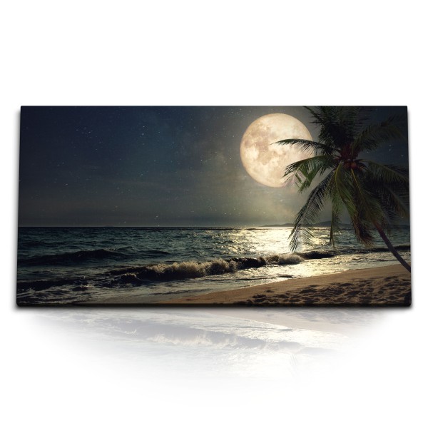 Paul Sinus Art Kunstdruck Bilder 120x60cm Strand bei Nacht Vollmond Palme Meer Sternenhimmel