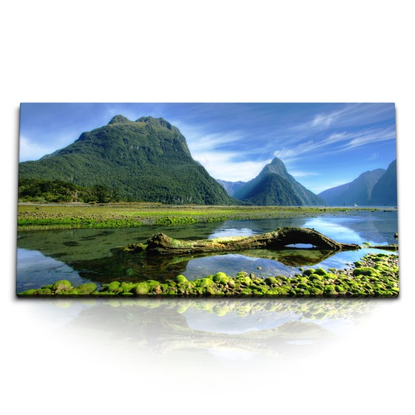 Paul Sinus Art Kunstdruck Bilder 120x60cm Milford Sound Neuseeland Landschaft Fluss Berge