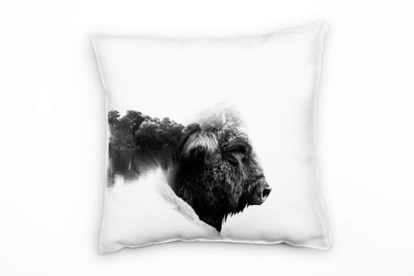 Paul Sinus Art Tiere, Abstrakt, Wald, Bison, grau Deko Kissen 40x40cm für Couch Sofa Lounge Zierkissen