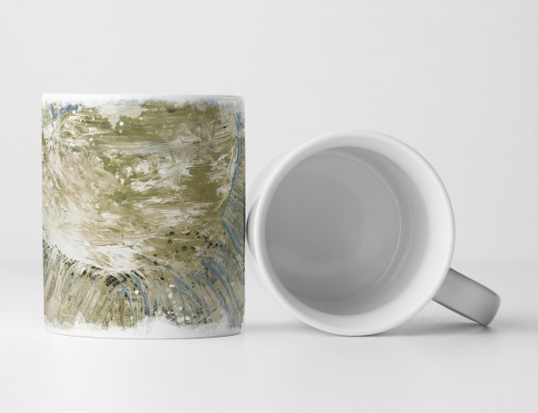 Paul Sinus Art Tasse Geschenk weiß – dunkel-khaki Abstraktion; blau-grauen Elementen