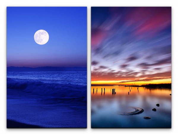 Paul Sinus Art 2 Bilder je 60x90cm Vollmond Nachthimmel Meer Flut Horizont Blau Sonnenuntergang