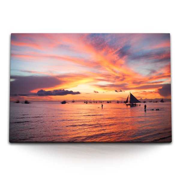 Paul Sinus Art 120x80cm Wandbild auf Leinwand Sonnenuntergang Meer Strand Abendrot Horizont