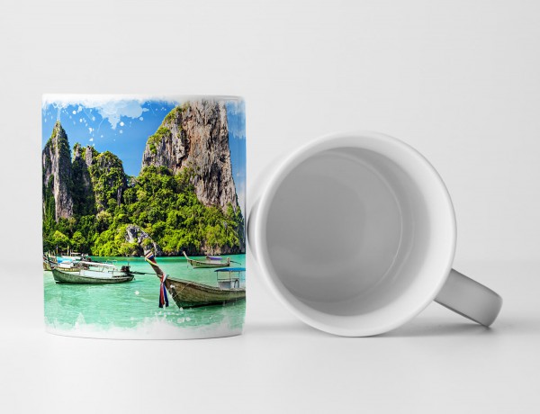 Paul Sinus Art Tasse Geschenk Landschaftsfotografie – Langboote am thailändischen Strand