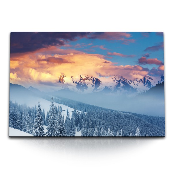 Paul Sinus Art 120x80cm Wandbild auf Leinwand Alaska Berglandschaft Tannenwald Schnee Berge