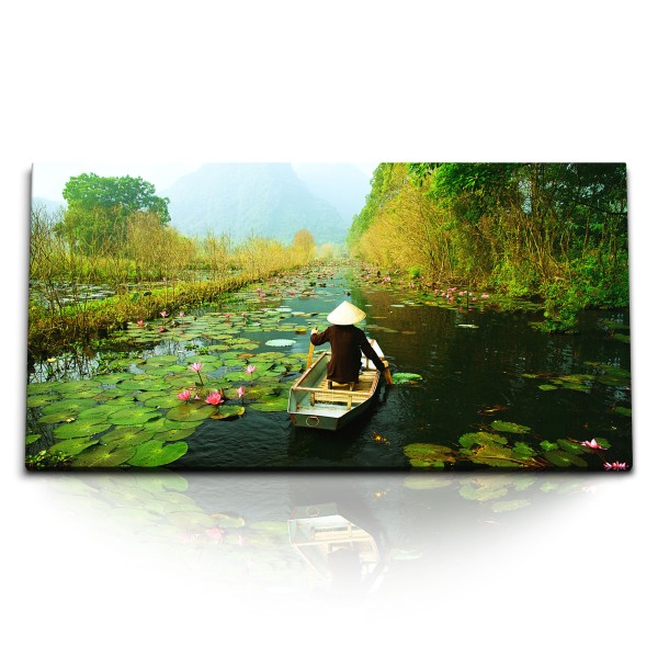 Paul Sinus Art Kunstdruck Bilder 120x60cm Fluss Vietnam Fischer Fischerboot Natur Grün