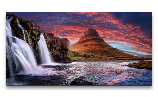 Paul Sinus Art Leinwandbild 120x60cm Skogafoss Island Natur Wasserfall Roter Himmel