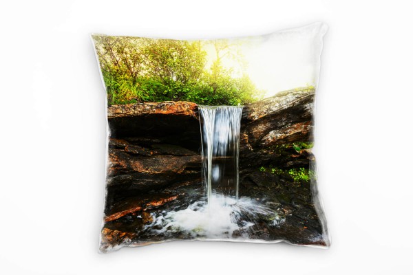 Paul Sinus Art Natur, braun, grün, Wasserfall, Felsen, Wald Deko Kissen 40x40cm für Couch Sofa Lounge Zierkissen