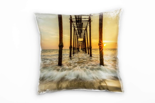 Paul Sinus Art Strand und Meer, Sonnenuntergang, orange, blau Deko Kissen 40x40cm für Couch Sofa Lounge Zierkissen