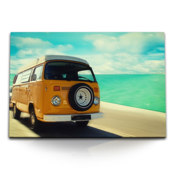 Paul Sinus Art 120x80cm Wandbild auf Leinwand Kalifornien Sommer Meer Gelber Bus Road Trip