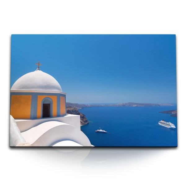 Paul Sinus Art 120x80cm Wandbild auf Leinwand Griechenland Mittelmeer Blau Santorini Kirsche