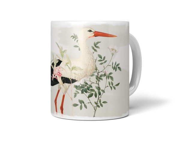 Paul Sinus Art Dekorative Tasse mit schönem Vogel Motiv Storch Blumen Blüten Pastelltöne Kunstvoll