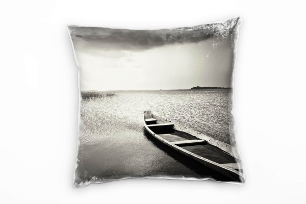 Paul Sinus Art Meer, schwarz, weiß, verlassenes Boot Deko Kissen 40x40cm für Couch Sofa Lounge Zierkissen