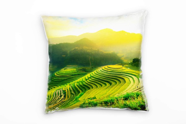 Paul Sinus Art Landschaft, Reisfeld, Berge, grün, gelb Deko Kissen 40x40cm für Couch Sofa Lounge Zierkissen