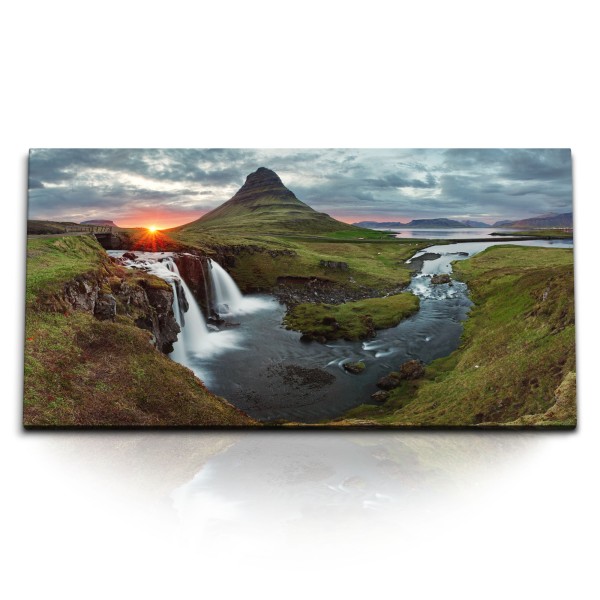 Paul Sinus Art Kunstdruck Bilder 120x60cm Island Landschaft Berge Wasserfall Sonnenuntergang Fluss