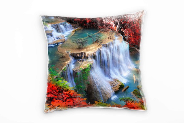 Paul Sinus Art Natur, Herbst, Wasserfall, rot, braun, türkis Deko Kissen 40x40cm für Couch Sofa Lounge Zierkissen