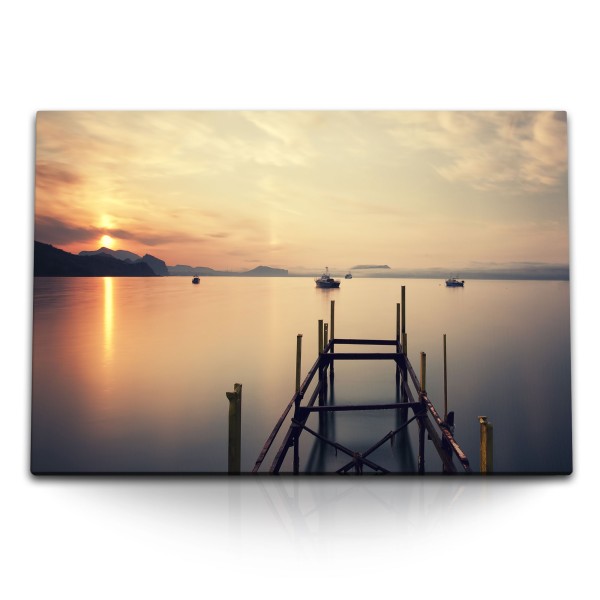 Paul Sinus Art 120x80cm Wandbild auf Leinwand Meer Steg Berge Abend Sonnenuntergang Boote