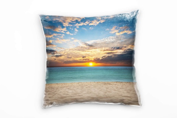 Paul Sinus Art Strand und Meer beige, blau, orange, Sonnenuntergang Deko Kissen 40x40cm für Couch Sofa Lounge Zierk