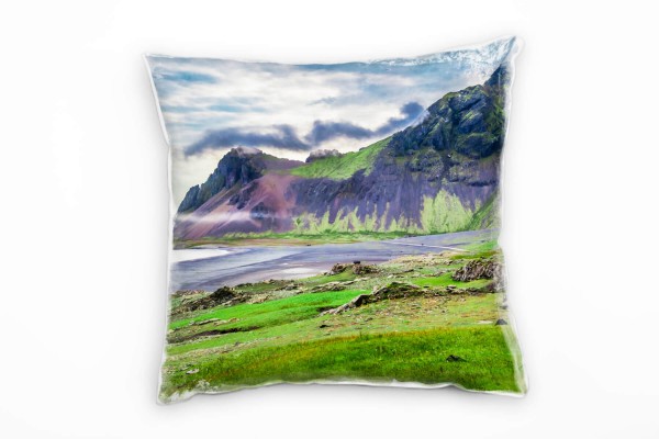 Paul Sinus Art Strand und Meer, Island, Felsen, grün, grau Deko Kissen 40x40cm für Couch Sofa Lounge Zierkissen