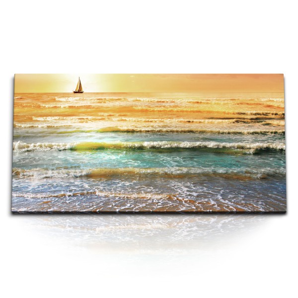 Paul Sinus Art Kunstdruck Bilder 120x60cm Meer Segelschiff am Horizont Sonnenuntergang roter Himmel