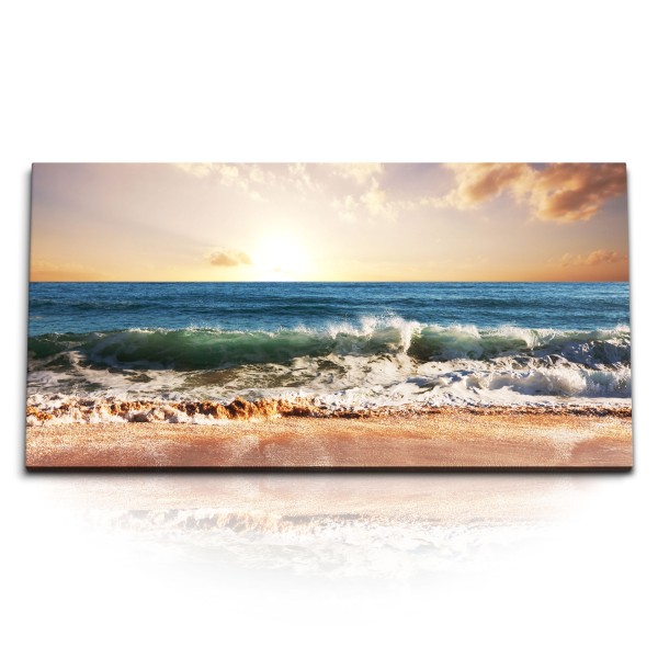 Kunstdruck Bilder 120x60cm Meer Strand Wellen Sonnenuntergang Horizont