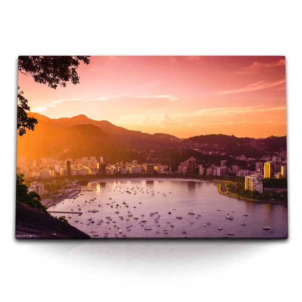 Paul Sinus Art 120x80cm Wandbild auf Leinwand Rio de Janeiro Brasilien Bucht Küste Berge Sonnenuntergang