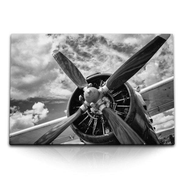 Paul Sinus Art 120x80cm Wandbild auf Leinwand Altes Flugzeug Propeller Propellermaschine Schwarz Weiß