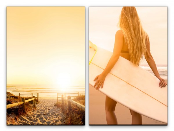 Paul Sinus Art 2 Bilder je 60x90cm Sandstrand Surferin Bikini Sommer Sonne Surfbrett Urlaub