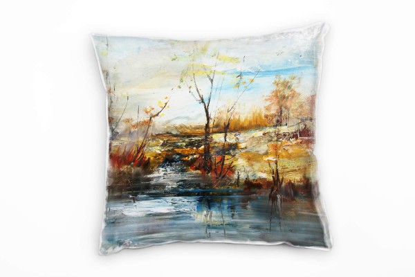 Paul Sinus Art Landschaft, braun, blau, Bäume am Wasser, gemalt Deko Kissen 40x40cm für Couch Sofa Lounge Zierkisse