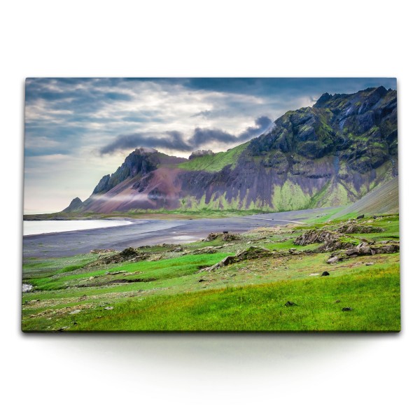 120x80cm Wandbild auf Leinwand Island Küste Vulkan Ozean Grün Natur Berge