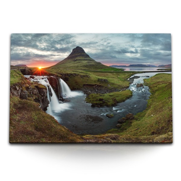 Paul Sinus Art 120x80cm Wandbild auf Leinwand Island Landschaft Berge Wasserfall Sonnenuntergang Fluss