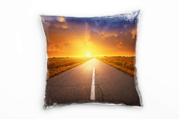 Paul Sinus Art Landschaft, orange, Straße, Sonnenuntergang Deko Kissen 40x40cm für Couch Sofa Lounge Zierkissen