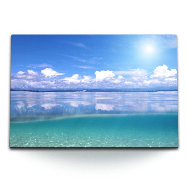 Paul Sinus Art 120x80cm Wandbild auf Leinwand Meer Horizont Blau Hellblau weiße Wolken