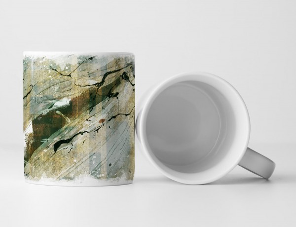 Paul Sinus Art Tasse Geschenk sandbraune, dunkelolivgrüne Abstraktion, schwarze Risse