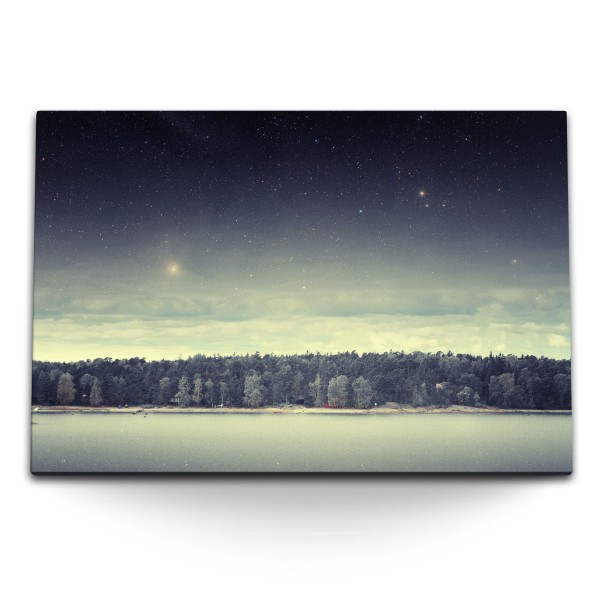 Paul Sinus Art 120x80cm Wandbild auf Leinwand See Wald Landschaft Nachthimmel Sternenhimmel Sterne