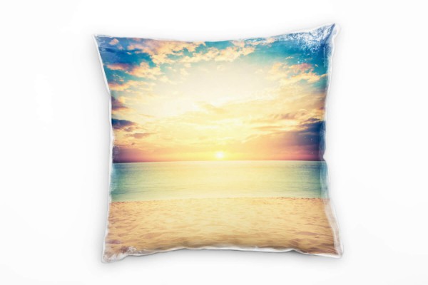 Paul Sinus Art Strand und Meer, Sonnenuntergang, orange, blau Deko Kissen 40x40cm für Couch Sofa Lounge Zierkissen