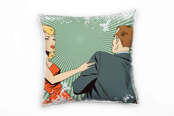 Paul Sinus Art Illustration, Retro, Frau und Mann, rot, grün, grau Deko Kissen 40x40cm für Couch Sofa Lounge Zierki