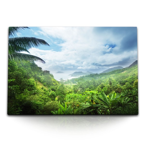 Paul Sinus Art 120x80cm Wandbild auf Leinwand Karibikinsel Natur Palmen Dschungel Meer Berge