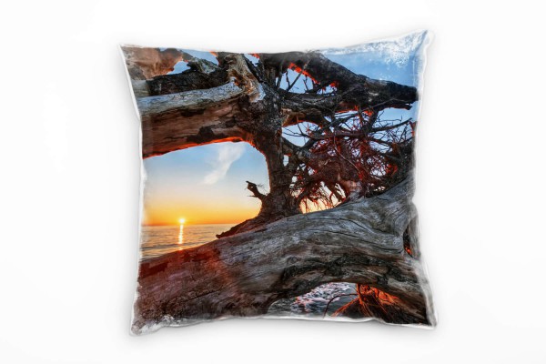 Paul Sinus Art Strand und Meer, Treibholz, Sonnenuntergang, orange Deko Kissen 40x40cm für Couch Sofa Lounge Zierki