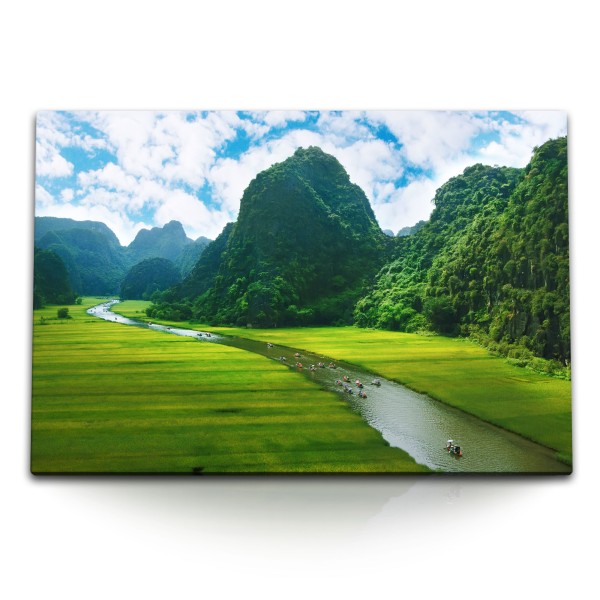 120x80cm Wandbild auf Leinwand Vietnam Natur Landschaft Fluss Berge Grün