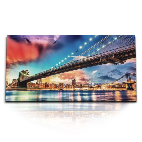 Paul Sinus Art Kunstdruck Bilder 120x60cm Brooklyn und Manhattan Bridge New York Abenddämmerung