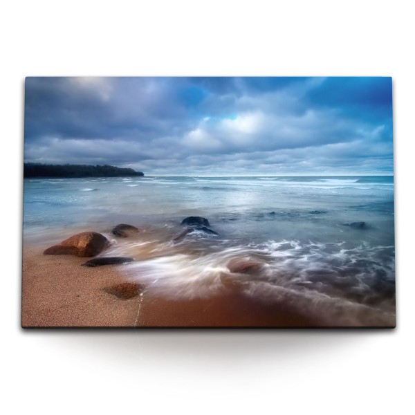 Paul Sinus Art 120x80cm Wandbild auf Leinwand Strand Meer Horizont Wolken Küste Wellen