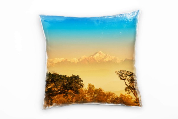 Paul Sinus Art Landschaft, Berge, Wald, orange, blau Deko Kissen 40x40cm für Couch Sofa Lounge Zierkissen