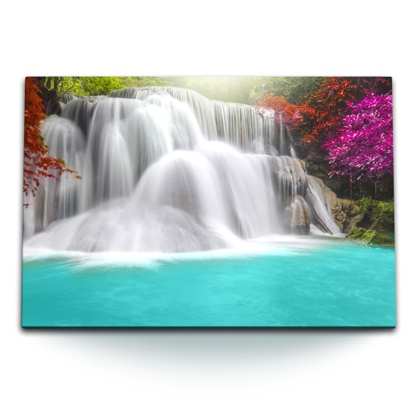 Paul Sinus Art 120x80cm Wandbild auf Leinwand Wasserfall Thailand Dschungel Tropisch Lagune