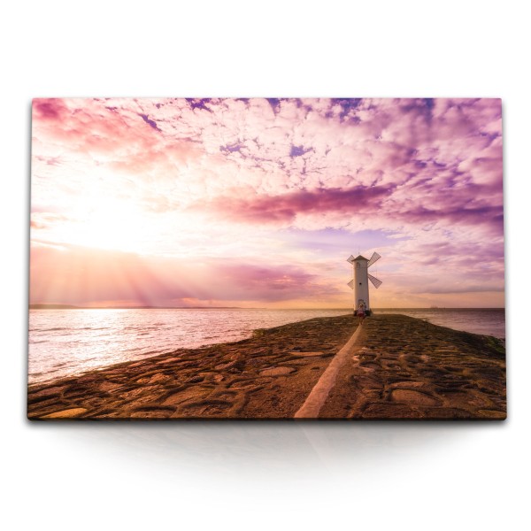 Paul Sinus Art 120x80cm Wandbild auf Leinwand Meer Leuchtturm Windmühle Horizont rosa Himmel