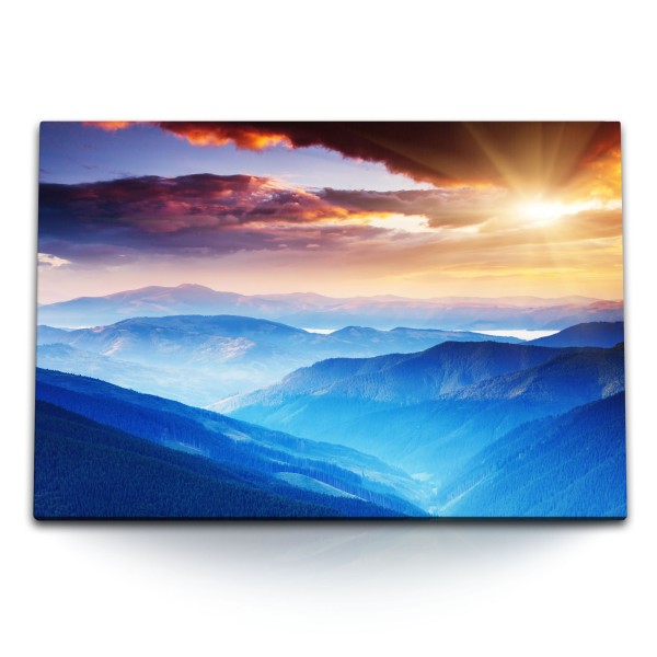 Paul Sinus Art 120x80cm Wandbild auf Leinwand Blaue Berge Bergkette Abendrot Sonnenuntergang