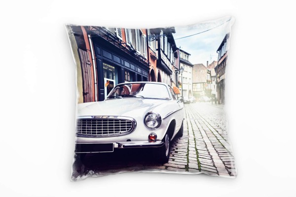 Paul Sinus Art Retro, Auto, Straße, Stadt, weiß, braun, rot, gelb Deko Kissen 40x40cm für Couch Sofa Lounge Zierkis