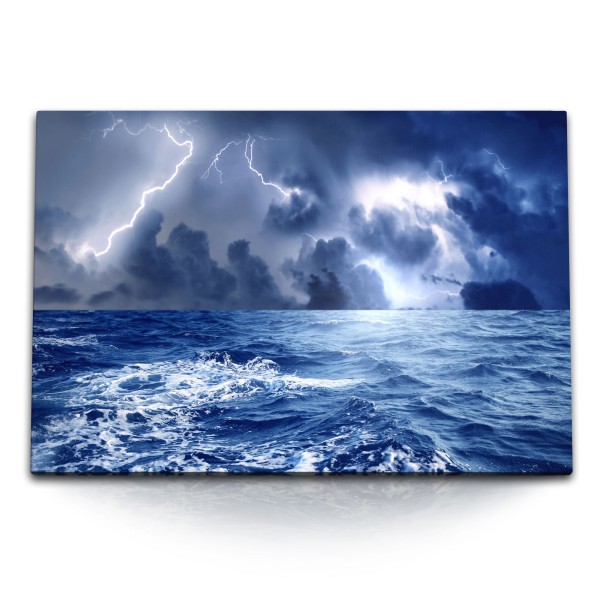 Paul Sinus Art 120x80cm Wandbild auf Leinwand Ozean Wellen Sturm Blitz Horizont Meer Wolken