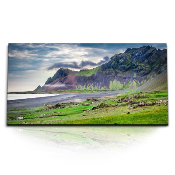 Paul Sinus Art Kunstdruck Bilder 120x60cm Island Küste Vulkan Ozean Grün Natur Berge