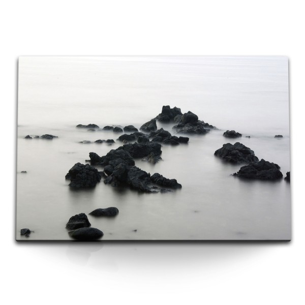 Paul Sinus Art 120x80cm Wandbild auf Leinwand Felsen Strand Meer Nebel Schwarz Weiß Fotokunst