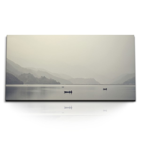 Paul Sinus Art Kunstdruck Bilder 120x60cm Grau See Meer Fischerboote Morgentau Berge